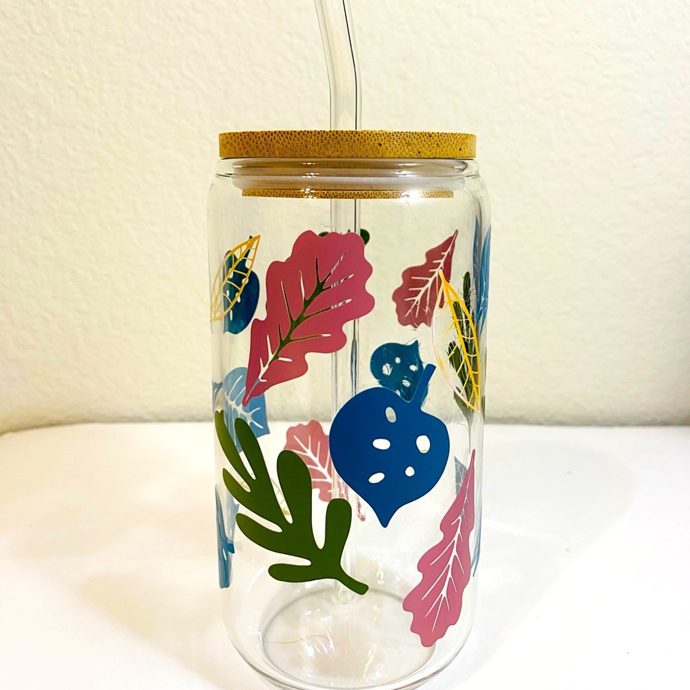 NWT glass mason jar floral cup with straw